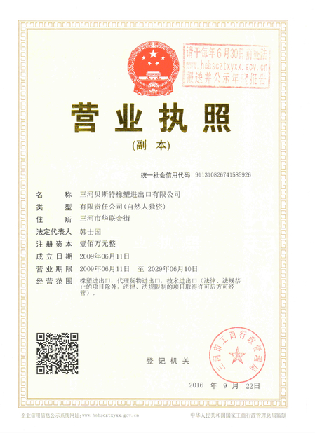La Cina SANHE 3A RUBBER &amp; PLASTIC CO., LTD. Certificazioni